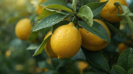 Fresh ripe oranges and lemons hang from green leafy branches on organic citrus trees, providing healthy juicy fruit full of sweet nature vitamins