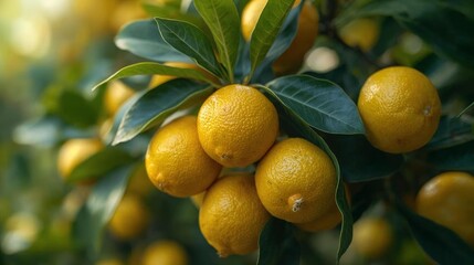 A close-up of ripe yellow lemons and fresh green leaves hanging from a citrus tree branch in a sunny organic garden orchard