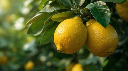 Fresh ripe yellow lemons and juicy citrus fruits hang from green leafy branches on a healthy organic tree in a sunny nature garden farm