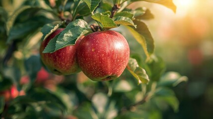Ripe red apples hang from a leafy branch in a lush organic orchard, offering a fresh and healthy autumn harvest of sweet juicy fruit straight from the nature of the garden tree