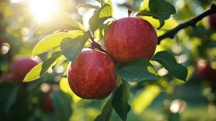 Fresh red apples hang from a leafy branch in a lush autumn orchard, showcasing ripe organic fruit ready for a healthy summer harvest in nature