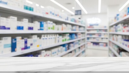 Empty marble counter in a pharmacy with shelves of medication