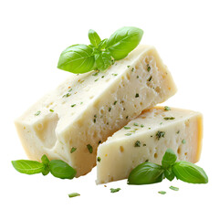 Delicious parmesan cheese with basil garnish, Isolated on transparent background
