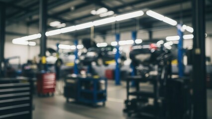 Obraz premium Busy car workshop with multiple vehicles under maintenance