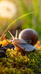 Snail crawling across bright moss with soft-focus green grass and bright, out-of-focus dandelion puffball background