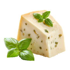 Delicious parmesan cheese with basil garnish, Isolated on transparent background