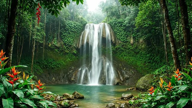 Majestic waterfall cascades into lush green forest pool, showcasing nature, landscape, and tropical environment with vibrant plants and trees.