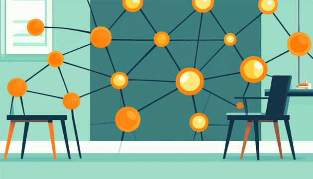 Abstract network graphic of interconnected orange circles on a teal background with office furniture