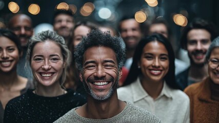 A diverse group of people smiling and looking forward to the future, representing unity in diversity with different ages, ethnicities, and styles.