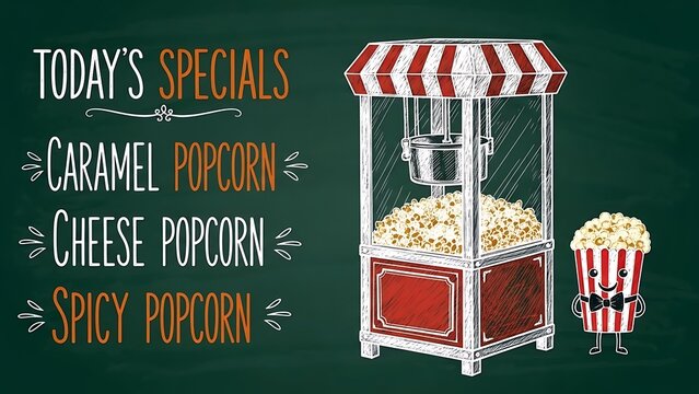 A popcorn machine with red and white stripes stands beside a bucket full of popcorn