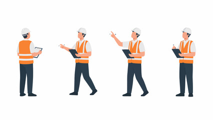 Obraz premium Four male engineers or construction workers in safety gear with clipboards, inspecting or planning.