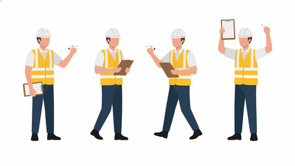 Obraz premium Four male construction workers or engineers in safety gear with clipboards and pens.