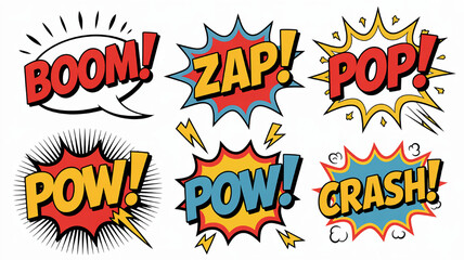 Collection of comic book sound effect words including BOOM ZAP POP POW and CRASH in a retro pop art style for graphic design © Tanzeel