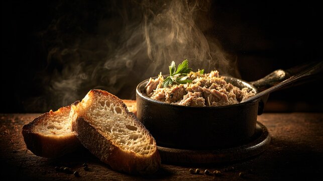 Duck rillettes served warm, fat melting slightly, dramatic moody lighting