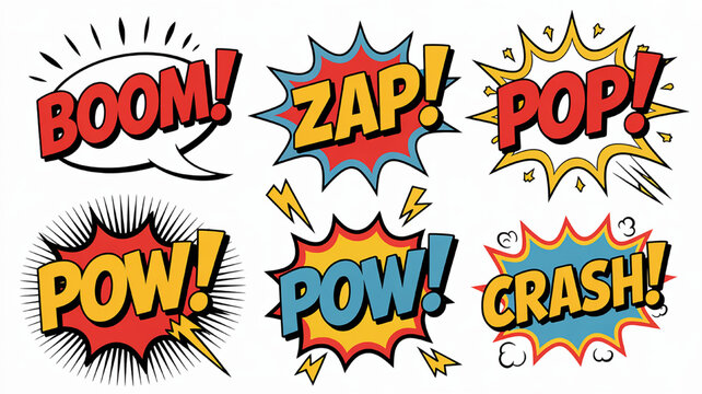 Collection of comic book sound effect words including BOOM ZAP POP POW and CRASH in a retro pop art style for graphic design