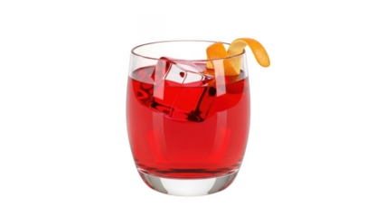 Vibrant red cocktail garnished with orange peel isolated on transparent background