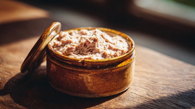 Duck rillettes with crisped skin mixed in, pale pink texture visible, sealed with golden fat, stoneware jar on wooden table, moody natural light, traditional French charcuterie styling