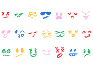 hand drawn font, Colorful crayon emoji faces in doodle style. Hand drawn cartoon emoticons with different moods and feelings.