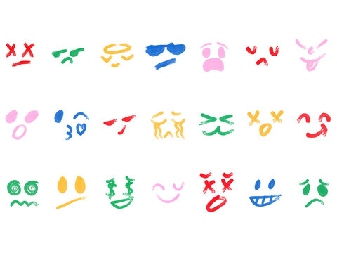 hand drawn font, Colorful crayon emoji faces in doodle style. Hand drawn cartoon emoticons with different moods and feelings.