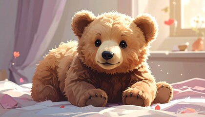 Fluffy brown teddy bear laying on a pink and white bed with a blurry background including flowers