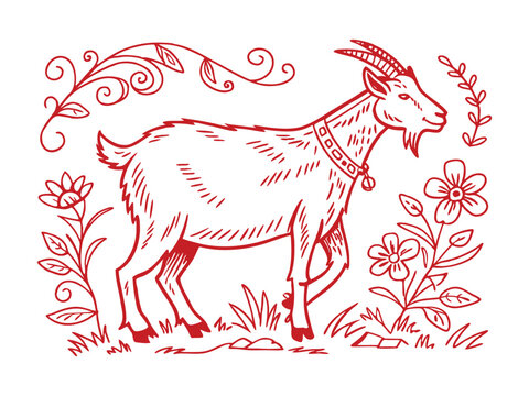 Stylized Goat Folk Art Illustration, Vintage Decorative Design