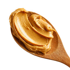 Delicious peanut butter on a wooden spoon Isolated on transparent background