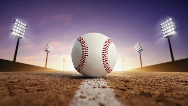 A single baseball sitting on a diamond with stadium lights and a sunset sky as background.