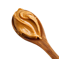 Delicious peanut butter on a wooden spoon Isolated on transparent background