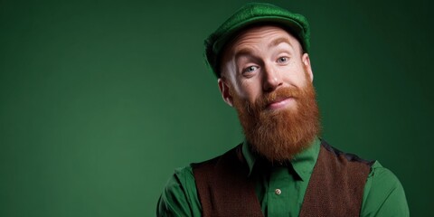 Fototapeta premium Caucasian male young adult with red beard and green cap on green background