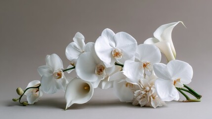 Minimalist wedding bouquet of white orchids and calla lilies, clean composition, neutral background, luxury bridal aesthetic.