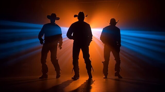 Three Cowboys Silhouette Dancing on Stage Dramatic Lighting