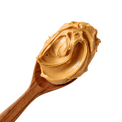 Delicious peanut butter on a wooden spoon Isolated on transparent background