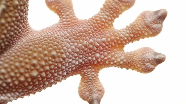 Extreme macro close-up of the underside of a gecko's foot, highlighting the rough, textured skin, scales, and toes structure on a white background.