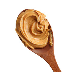 Delicious peanut butter on a wooden spoon Isolated on transparent background