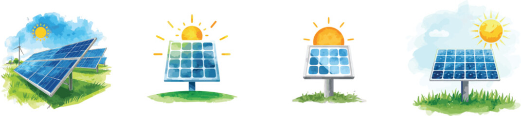 Watercolor  Set Solar Panel New Creative Icon Design Vector. Isolated on white background