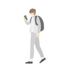 スマホを見ながら歩くリュック、カバンを背負った男性