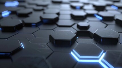 Obraz premium Close-up of dark hexagonal tiles with blue glowing edges