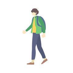 リュック、鞄を背負って一人で歩く春服の男性