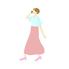 スマホで通話しながら一人で歩く春服、ロングスカートの女性