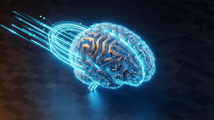 Glowing blue brain with neon light trails on a dark background symbolizing artificial intelligence