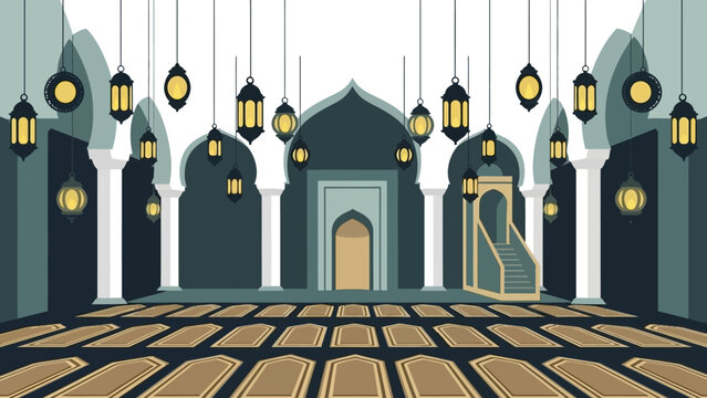 Islamic mosque interior with ornate arches and hanging lanterns