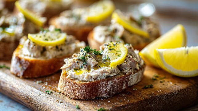 Sardine rillettes with lemon oil drizzle, bright silvery tones, crusty baguette slices, Mediterranean daylight