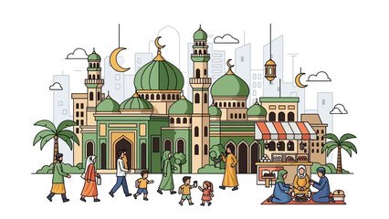 Obraz premium Colorful illustration of a bustling Middle Eastern marketplace with mosque