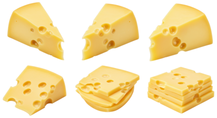 Assorted yellow Swiss-style cheese wedges and slices with characteristic holes and stacked portions arranged on a transparent background