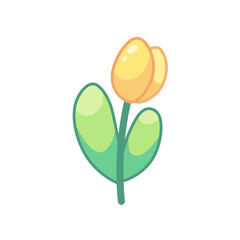 Yellow tulip with green leaves. Cartoon vector illustration with outline, isolated on white background. Icon for games, kids design, stickers, spring or gardening design