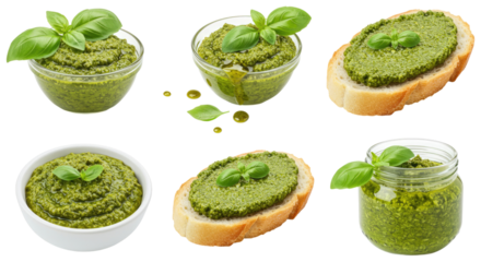 Bright green basil pesto in bowls and a jar, spread on crusty bread slices with fresh basil leaves and olive oil droplets
