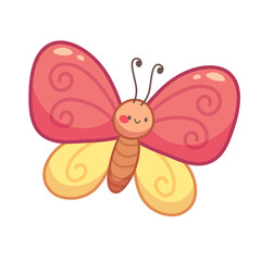 Cute butterfly with pink and yellow wings. Kawaii insect illustration, hand drawn outline. Aborable spring doodle