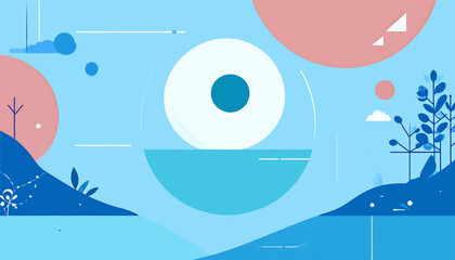 Abstract geometric landscape with circles, triangles, and stylized flora