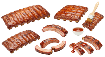 Glazed barbecue pork ribs and sliced rib pieces with a basting brush and bowl of sauce on transparent background