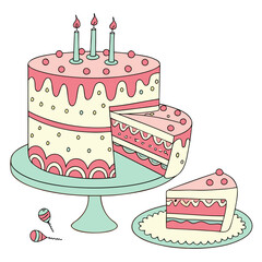 Celebration cake with candles and slice